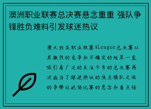 澳洲职业联赛总决赛悬念重重 强队争锋胜负难料引发球迷热议