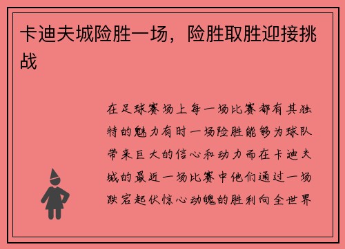 卡迪夫城险胜一场，险胜取胜迎接挑战