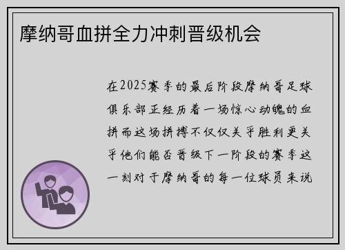 摩纳哥血拼全力冲刺晋级机会