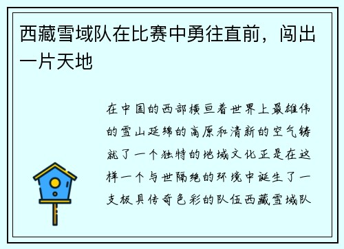 西藏雪域队在比赛中勇往直前，闯出一片天地