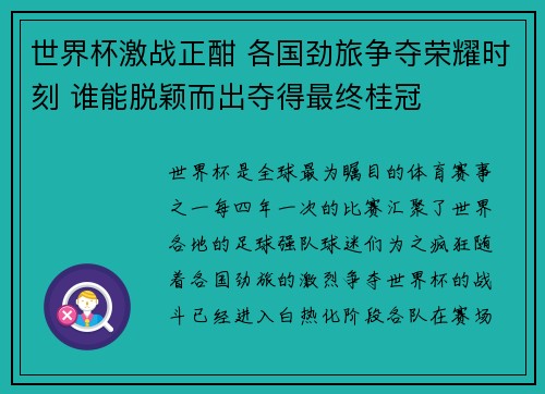世界杯激战正酣 各国劲旅争夺荣耀时刻 谁能脱颖而出夺得最终桂冠