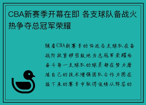 CBA新赛季开幕在即 各支球队备战火热争夺总冠军荣耀