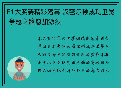 F1大奖赛精彩落幕 汉密尔顿成功卫冕 争冠之路愈加激烈