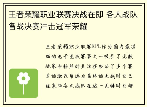 王者荣耀职业联赛决战在即 各大战队备战决赛冲击冠军荣耀