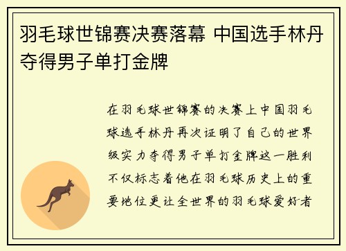 羽毛球世锦赛决赛落幕 中国选手林丹夺得男子单打金牌
